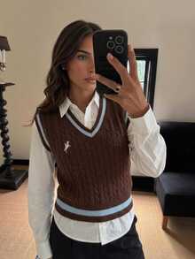 Siren Gaze Rompi Rajut Wanita Model Colorblock Terbaru Musim Gugur/Dingin - Coklat - View 7