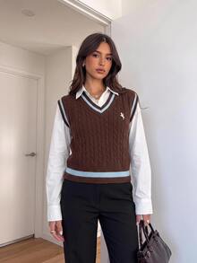 Siren Gaze Rompi Rajut Wanita Model Colorblock Terbaru Musim Gugur/Dingin - Coklat - View 6