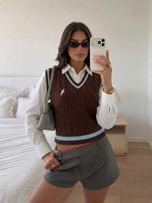 Siren Gaze Rompi Rajut Wanita Model Colorblock Terbaru Musim Gugur/Dingin - Coklat - View 1