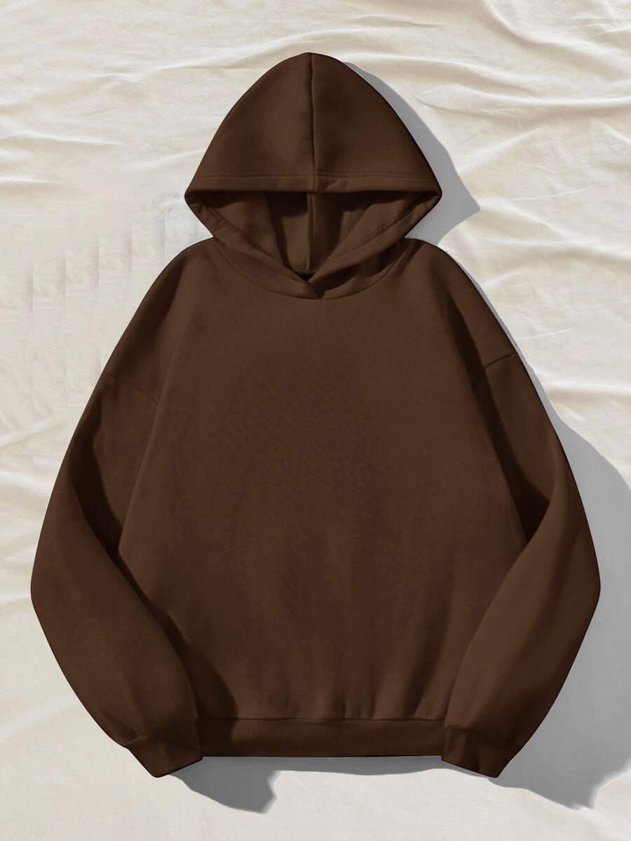 Attitoon Summer Simple Casual Brown Solid Color Pullover Hooded Long Sleeve Sweatshirt Without Drawstring Oversize Autumn Winter - Brown - View 1