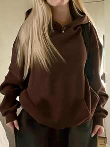 Attitoon Summer Simple Casual Brown Solid Color Pullover Hooded Long Sleeve Sweatshirt Without Drawstring Oversize Autumn Winter - Brown - View 1