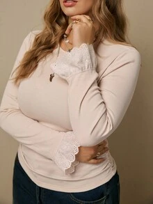 Freevana 大尺碼女款素色杏色蕾絲飾邊羅紋軟綿修身彈性基本內搭T恤，優雅休閒日常外出，秋冬季 - 杏色 - 查看 7