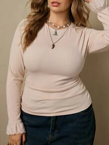 Freevana 大尺碼女款素色杏色蕾絲飾邊羅紋軟綿修身彈性基本內搭T恤，優雅休閒日常外出，秋冬季 - 杏色 - 查看 5