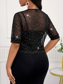 SHEIN Lady 女款亮面網紗前打結短袖優雅修身夾克 - 黑色 - 查看 2