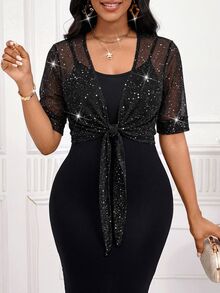 SHEIN Lady 女款亮面網紗前打結短袖優雅修身夾克 - 黑色 - 查看 5