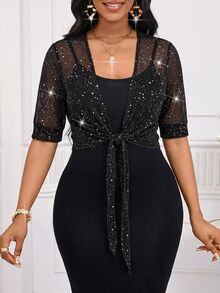 SHEIN Lady 女款亮面網紗前打結短袖優雅修身夾克 - 黑色 - 查看 6