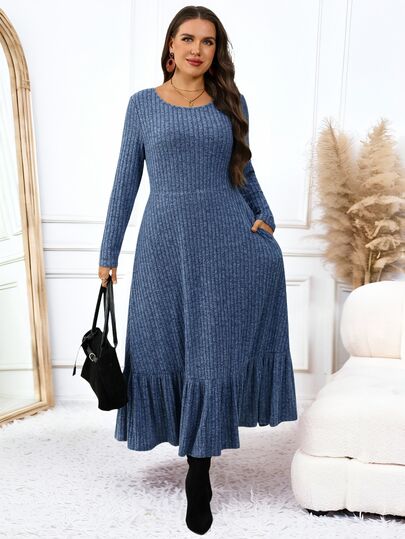 EMERY ROSE Plus Size Women Solid Color Pleated Casual Everyday Autumn Travel Dress Dinner Office Navy Blue