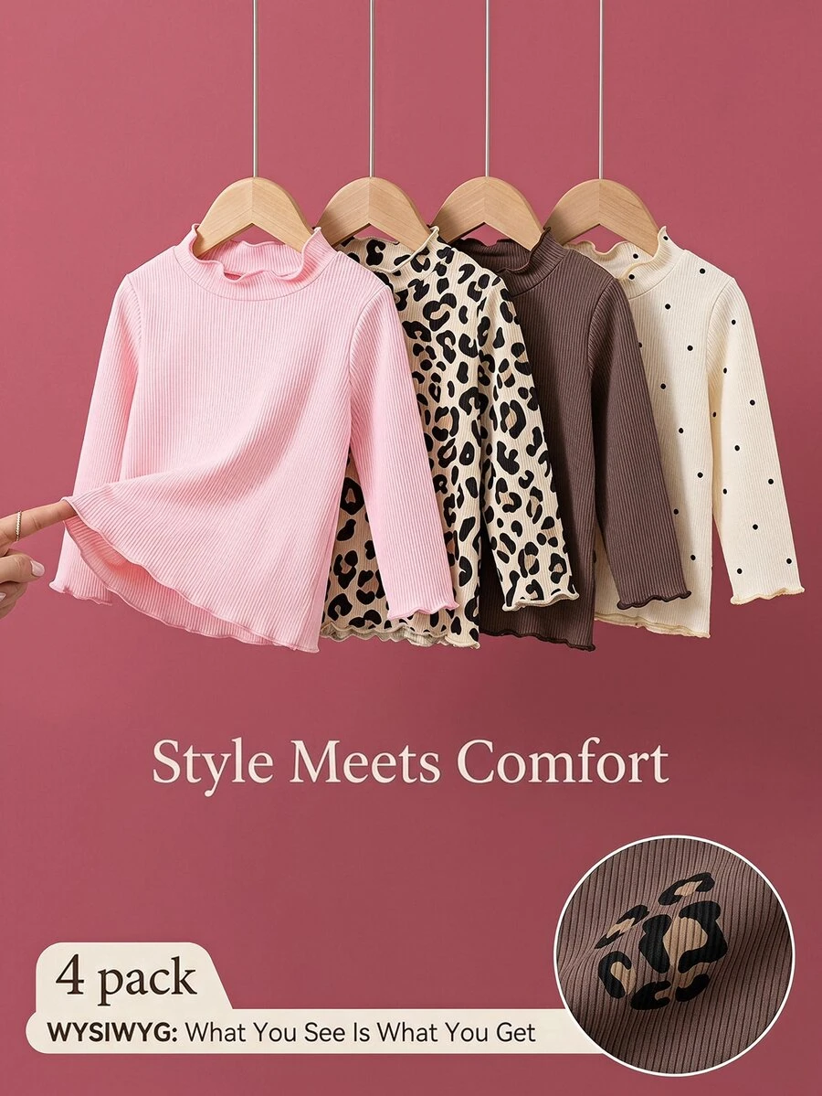 SHEIN Playful Pals Setelan 4 Potong untuk Bayi Perempuan Musim Gugur/Dingin, Motif Lucu, Kain Bergaris, Hem Bergelombang, Lengan Panjang - MultiWarna - View 1