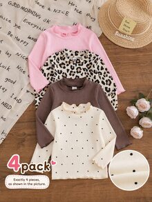 SHEIN Playful Pals Setelan 4 Potong untuk Bayi Perempuan Musim Gugur/Dingin, Motif Lucu, Kain Bergaris, Hem Bergelombang, Lengan Panjang - MultiWarna - View 7
