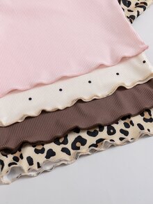 SHEIN Playful Pals Setelan 4 Potong untuk Bayi Perempuan Musim Gugur/Dingin, Motif Lucu, Kain Bergaris, Hem Bergelombang, Lengan Panjang - MultiWarna - View 3