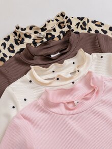 SHEIN Playful Pals Setelan 4 Potong untuk Bayi Perempuan Musim Gugur/Dingin, Motif Lucu, Kain Bergaris, Hem Bergelombang, Lengan Panjang - MultiWarna - View 5