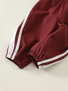 SHEIN 中性嬰兒男童幼兒秋冬休閒百搭運動風酒紅色立領不對稱拉鍊夾克套裝，嬰兒運動服，嬰兒冬季衣著/套裝 - 酒紅色 - 查看 6