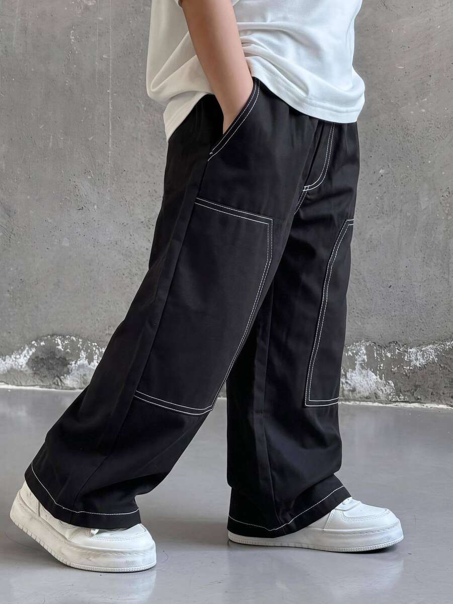 SHEIN 1件男孩運動休閒學院風百搭時尚簡約實用軟舒適裝飾繩直筒長褲,適合日常穿著、校園出遊、運動,秋冬款 - 黑色 - 查看 1