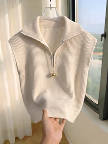 SHEIN 半拉鍊領針織毛衣背心 修身通勤款 秋冬適用 - 杏色 - 查看 3