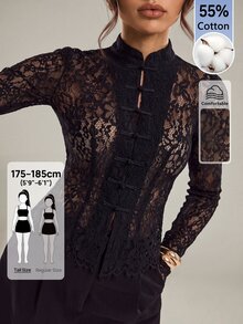 SHEIN Tall 女款黑色蕾絲鈕扣收腰長袖復古宮廷風上衣，新中式風格，蕾絲長袖半透蕾絲上衣，適合春夏秋，優雅通勤約會派對婚禮季畢業舞會演出演唱會職場穿搭開學季年會生日禮物 - 黑色 - 查看 5