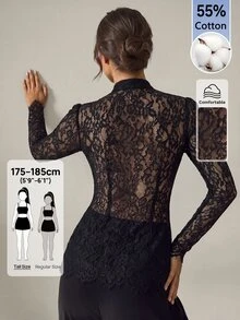 SHEIN Tall 女款黑色蕾絲鈕扣收腰長袖復古宮廷風上衣，新中式風格，蕾絲長袖半透蕾絲上衣，適合春夏秋，優雅通勤約會派對婚禮季畢業舞會演出演唱會職場穿搭開學季年會生日禮物 - 黑色 - 查看 2