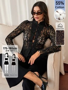SHEIN Tall 女款黑色蕾絲鈕扣收腰長袖復古宮廷風上衣，新中式風格，蕾絲長袖半透蕾絲上衣，適合春夏秋，優雅通勤約會派對婚禮季畢業舞會演出演唱會職場穿搭開學季年會生日禮物 - 黑色 - 查看 6