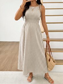SHEIN 孕婦格紋肩結無袖休閒洋裝 - 卡其色 - 查看 7