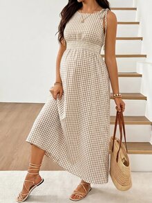 SHEIN 孕婦格紋肩結無袖休閒洋裝 - 卡其色 - 查看 9