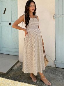 SHEIN 孕婦格紋肩結無袖休閒洋裝 - 卡其色 - 查看 3