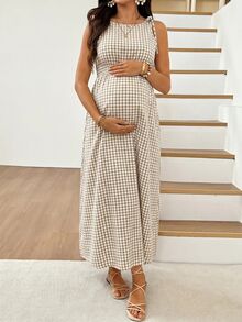 SHEIN 孕婦格紋肩結無袖休閒洋裝 - 卡其色 - 查看 6