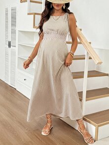 SHEIN 孕婦格紋肩結無袖休閒洋裝 - 卡其色 - 查看 5