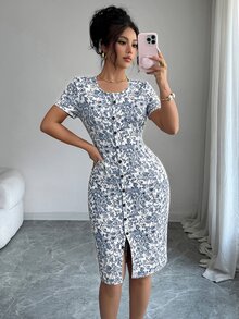 SHEIN Raffinéa Women's Spring/Summer Round Neck Knit Floral Short Dress, Decorated With Ditsy Floral Pattern, Suitable For Casual Daily, Work, Travel, Beach, Bohemian, Western, Music Festival, Country Style And Other Occasions. - Multicolor - View 5