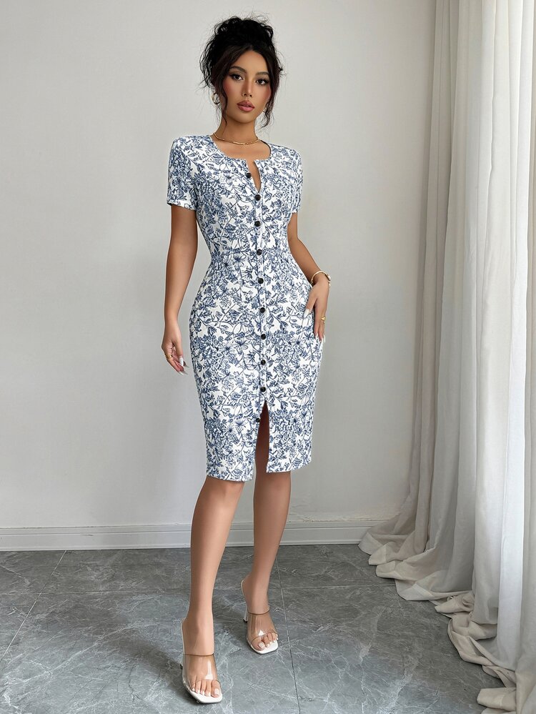 SHEIN Raffinéa Women's Spring/Summer Round Neck Knit Floral Short Dress, Decorated With Ditsy Floral Pattern, Suitable For Casual Daily, Work, Travel, Beach, Bohemian, Western, Music Festival, Country Style And Other Occasions. - Multicolor - View 6