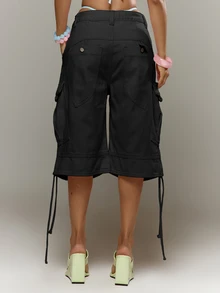 MUSERA 粉色低腰工裝牛仔短褲 寬鬆可調腰圍 春夏度假風 伊比薩風 - 黑色 - 查看 5