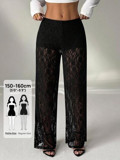 SHEIN PETITE PETITE Women's Elastic Waist Floral Lace Straight Loose Fashion Sexy Flowy Flowy Pants,Petite Women Beach Club Miami Halloween Black Autumn