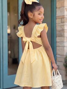 Emery Rose Kids Emery Rose Kids 女童黃色條紋夏季荷葉袖洋裝，背部蝴蝶結細節，鏤空腰部設計，可愛條紋分層太陽裙，飄逸袖與繫帶背部，適合休閒穿著，青少年女童黃白條紋短洋裝，荷葉肩與迷人背部蝴蝶結，黃色春季洋裝，青少年女童夏季復古洋裝 - 黃色 - 查看 2