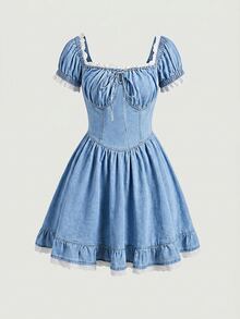SHEIN MOD Damen Patchwork Rüschen Saum Quadratischer Ausschnitt Kurze Blütenärmel Denim Kleid - Blau - Übersicht 7