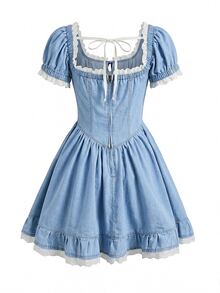 SHEIN MOD Damen Patchwork Rüschen Saum Quadratischer Ausschnitt Kurze Blütenärmel Denim Kleid - Blau - Übersicht 2