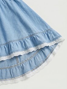 SHEIN MOD Damen Patchwork Rüschen Saum Quadratischer Ausschnitt Kurze Blütenärmel Denim Kleid - Blau - Übersicht 9