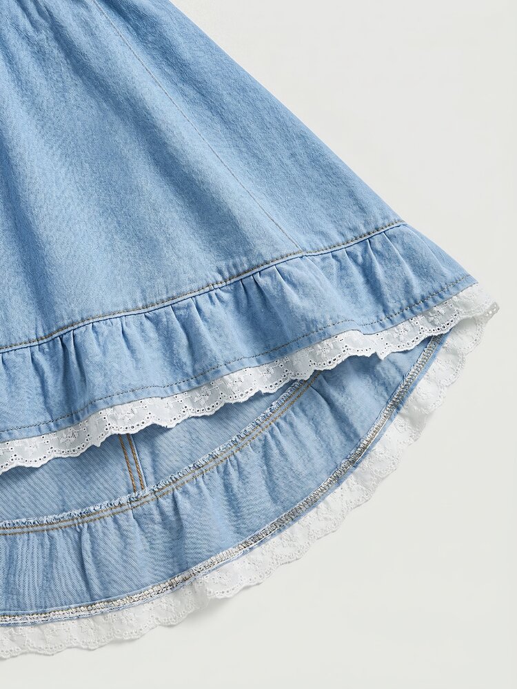 SHEIN MOD 女士拼接荷叶边方领短花瓣袖牛仔连衣裙 - 藍色 - 查看 9