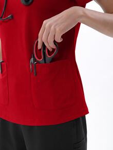 TaskEZ 女護理師制服短袖V領T恤，附2個口袋 - 紅色 - 查看 5
