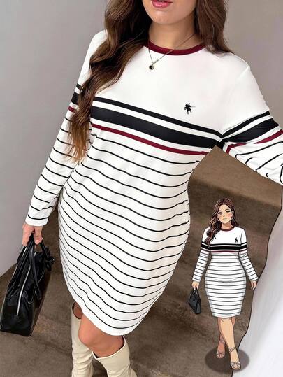 Easowa Curve Plus Size Women's Equestrian Print Colorblock Casual Everyday Dress Fall