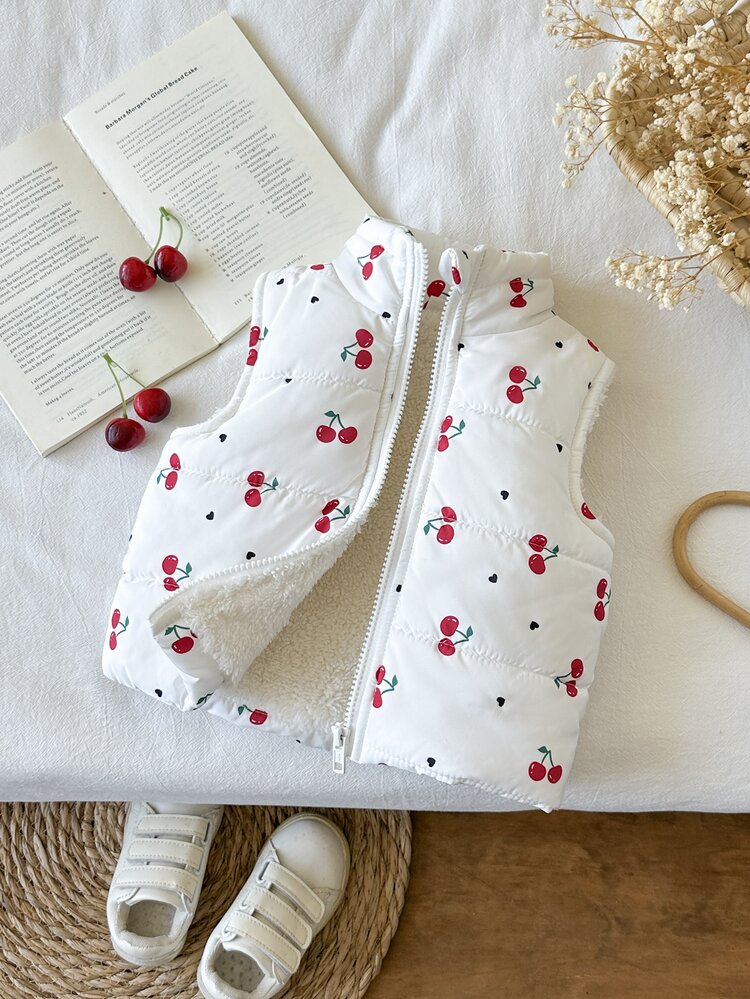 SHEIN 1pc Toddler Girl Padded Vest Cute Sweet White Red Cherry Print Sleeveless Stand Collar Thick Birthday Party Winter Ballet Princess Cozy Heart Pattern - Multicolor - View 3