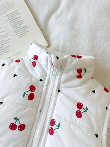 SHEIN 1件幼童女童加厚背心，可愛甜美白色紅櫻桃印花，無袖立領，厚實保暖，適合生日派對、冬季芭蕾公主風，舒適愛心圖案 - 彩色 - 查看 7
