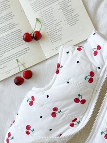 SHEIN 1件幼童女童加厚背心，可愛甜美白色紅櫻桃印花，無袖立領，厚實保暖，適合生日派對、冬季芭蕾公主風，舒適愛心圖案 - 彩色 - 查看 5