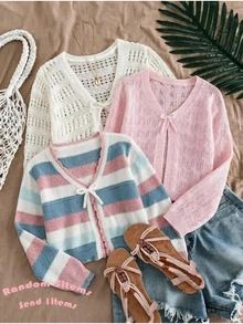 SHEIN Tween Girl Hollow Stripe Colorful Knit Cardigan, Suitable For Home, Casual Outings, Beach Vacation, Parties And Other Occasions, Comfortable Versatile Soft, Fall/Winter - Multicolor - View 5