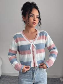 SHEIN Tween Girl Hollow Stripe Colorful Knit Cardigan, Suitable For Home, Casual Outings, Beach Vacation, Parties And Other Occasions, Comfortable Versatile Soft, Fall/Winter - Multicolor - View 1