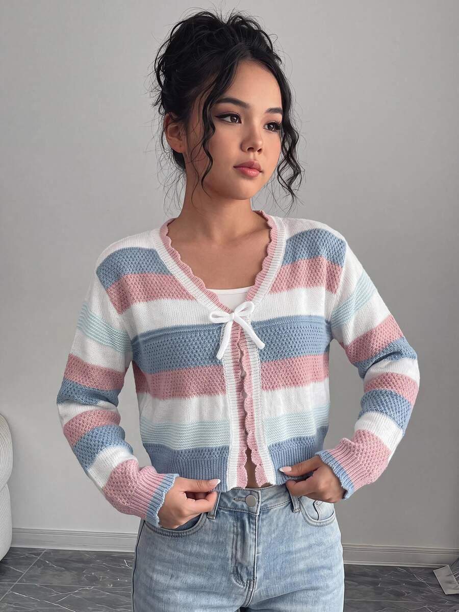 SHEIN Tween Girl Hollow Stripe Colorful Knit Cardigan, Suitable For Home, Casual Outings, Beach Vacation, Parties And Other Occasions, Comfortable Versatile Soft, Fall/Winter - Multicolor - View 1