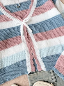 SHEIN Tween Girl Hollow Stripe Colorful Knit Cardigan, Suitable For Home, Casual Outings, Beach Vacation, Parties And Other Occasions, Comfortable Versatile Soft, Fall/Winter - Multicolor - View 2