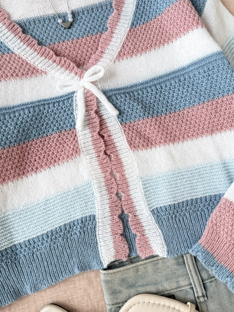 SHEIN Tween Girl Stripe Colorful Kids Knit Autumn Cardigan, Suitable For Casual Outings, Beach Vacation, Parties And Occasions, Comfortable Versatile Soft - Multicolor - View 2