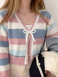 SHEIN Tween Girl Hollow Stripe Colorful Knit Cardigan, Suitable For Home, Casual Outings, Beach Vacation, Parties And Other Occasions, Comfortable Versatile Soft, Fall/Winter - Multicolor - View 7