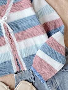 SHEIN Tween Girl Hollow Stripe Colorful Knit Cardigan, Suitable For Home, Casual Outings, Beach Vacation, Parties And Other Occasions, Comfortable Versatile Soft, Fall/Winter - Multicolor - View 4