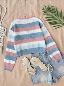 SHEIN Tween Girl Hollow Stripe Colorful Knit Cardigan, Suitable For Home, Casual Outings, Beach Vacation, Parties And Other Occasions, Comfortable Versatile Soft, Fall/Winter - Multicolor - View 6