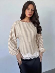 Firerie 女款極簡優雅浪漫休閒都市通勤時尚百搭咖啡棕圓領蝙蝠袖長袖收腰抓皺X型正裝版型襯衫，適合教師，春夏秋季 - 卡其色 - 查看 8