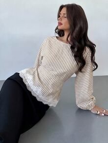 Firerie 女款極簡優雅浪漫休閒都市通勤時尚百搭咖啡棕圓領蝙蝠袖長袖收腰抓皺X型正裝版型襯衫，適合教師，春夏秋季 - 卡其色 - 查看 6